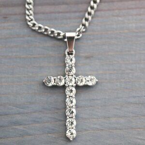 Cross with CZ Stones Pendant Cuban Chain Necklace Silver Stainless Steel
